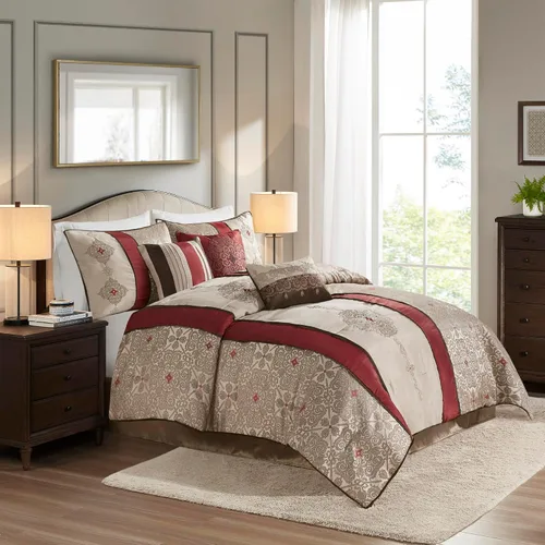 Miniatura 9 de Madison Park Edredón de seda sintética, diseño tradicional de jacquard lujoso para todas las estaciones, falda de cama a juego, almohadas