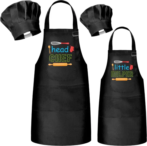 R HORSE Juego de delantal y gorro de chef para adultos y niños - 4 piezas, delantal y gorro de cocina ajustables para padres e hijos, juguete de