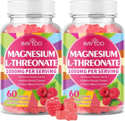 Gomitas de magnesio L-treonato de 1000 mg para adultos, apoyo muscular y sistema nervioso, vegano, sabor a frambuesa sin azúcar, 120 gomitas Paquete