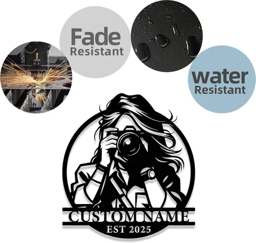 Miniatura 6 de Letrero de metal personalizado para fotógrafo, arte de pared de hierro para cámara y niña con cámara, decoración única con temática de fotografía