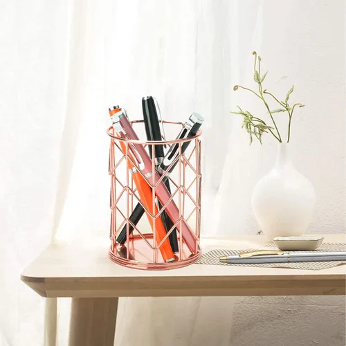 Miniatura 4 de Soporte para lápices de malla metálica de alambre de oro rosa, soporte para brochas de maquillaje, organizador de bolígrafos, accesorios