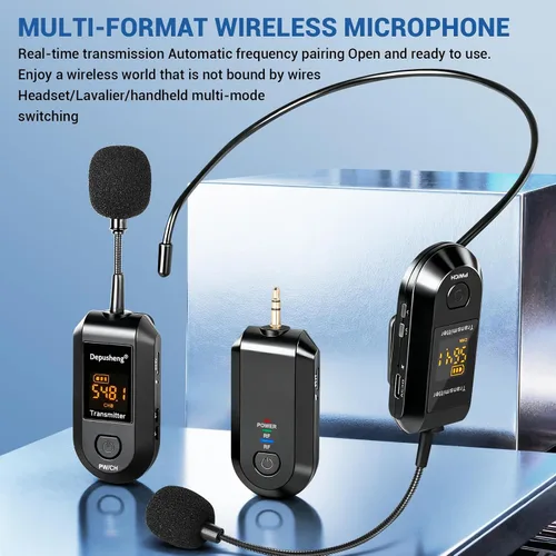 Miniatura 4 de Depusheng Auriculares de micrófono inalámbrico 2.4G, Lavalier y micrófono de mano rango de 160 pies, con enchufe de 1/8 y 1/4 pulgadas para sistema