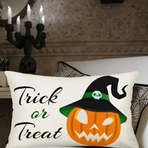 Miniatura 3 de Fundas de almohada de Halloween de truco o trato, de lino y algodón, calabaza espeluznante con sombrero de bruja, letrero de calavera de 12 x 20