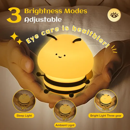 Miniatura 8 de Luz nocturna de abeja para niños, lámpara blanda, luz nocturna de animales, 3 niveles de brillo, lámpara para niños que cambia de color, lámparas
