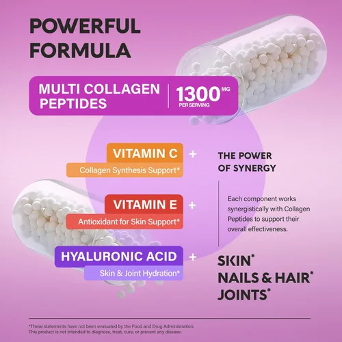 Miniatura 4 de Péptidos de colágeno múltiple – Tipos hidrolizados I, II, III, V y X – Suplemento de colágeno para mujeres 1300mg – con ácido hialurónico, vitaminas