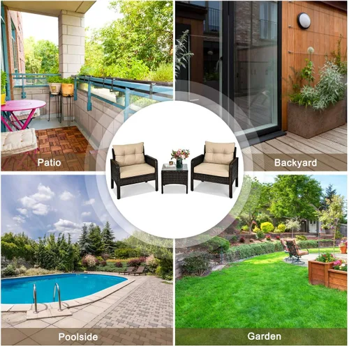 Miniatura 8 de RELAX4LIFE Juego de muebles de patio de 3 piezas, juego de conversación de mimbre de ratán PE para exteriores con mesa de centro de cristal y Beige