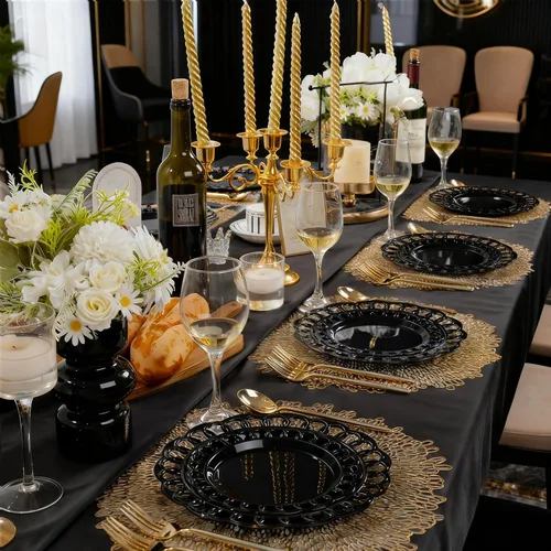 Miniatura 5 de COLOSUS Juego de 60 platos de plástico negro, platos barrocos elegantes, elegantes platos desechables con borde de encaje, platos de plástico