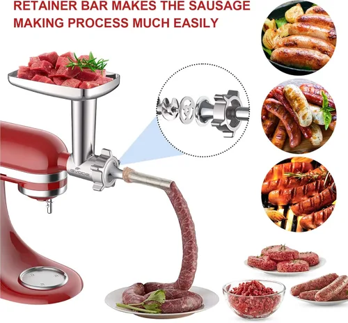 Miniatura 4 de Accesorio de molinillo de carne de metal para batidora de pie KitchenAid, molinillo de carne para Kitchen Aid incluye 4 placas de molienda, 3 tubos