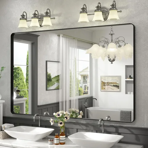 Miniatura 29 de Paquete de 2 espejos de baño con marco de metal negro de 22 x 30 pulgadas, espejo rectangular redondeado negro mate, antioxidante, se cuelga