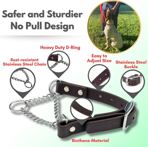 Miniatura 4 de Collar de Martingala para Perros, Biothane, Herrajes de Acero Inoxidable, Sin Tirones, Fabricado en EE. UU., Grado Profesional, Grande, Marrón