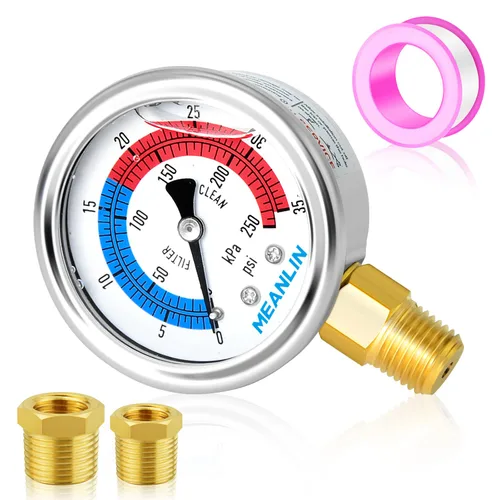 MEANLIN MEASURE 1/4" NPT 0-35psi Manómetro de presión, 2" Dial Filtro de piscina lleno de glicerina, carcasa de acero inoxidable 304, montaje