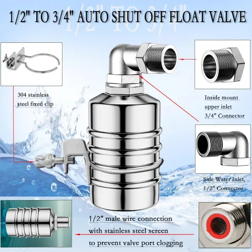 Miniatura 3 de Válvula de flotador de 2 piezas, válvula de flotador de control de nivel de agua de 1/2" a 3/4", válvula de cierre de agua totalmente automática