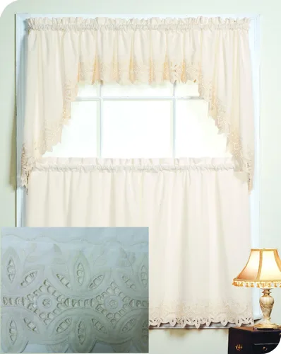 Fancy Collection - Juego de 3 cortinas para cocina/café, color blanco/beige con bordado Battenburg, nuevo, barra para cortina y set de festón (152,4