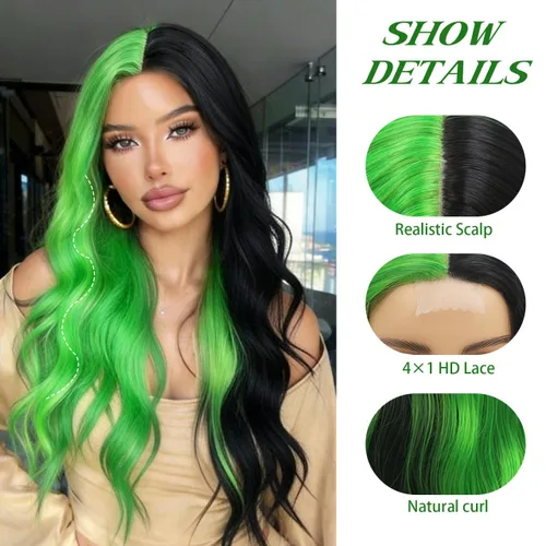 Miniatura 3 de Pelucas sintéticas de encaje frontal verde y negro, pelucas sintéticas de onda larga para mujer, 26 pulgadas (3/4 verde y 1/4 negro)