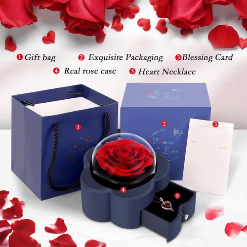 Miniatura 6 de Rosa preservada con collar de corazón, regalo de flor eterna para mamá, esposa, novia, mujer, perfecto para el día de San Valentín, cumpleaños, Rojo