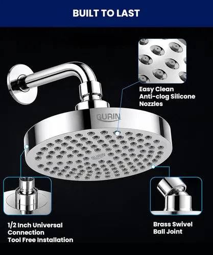 Miniatura 5 de GURIN Cabezal de ducha de lluvia de alta presión, diseño de lujo de 6 pulgadas con ángulos ajustables, boquillas antiobstrucción, fácil de instalar