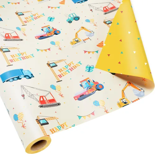 Miniatura 7 de BIOBROWN Rollo de papel de regalo reversible de cumpleaños, 17 pulgadas x 16 pies, pancarta de cumpleaños, diseño de bandera y confeti, papel
