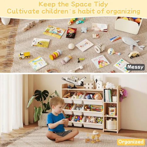 Miniatura 5 de GITAWUSA Organizador de almacenamiento de juguetes para niños, estante de madera con 3 niveles y 9 contenedores de almacenamiento, organizador