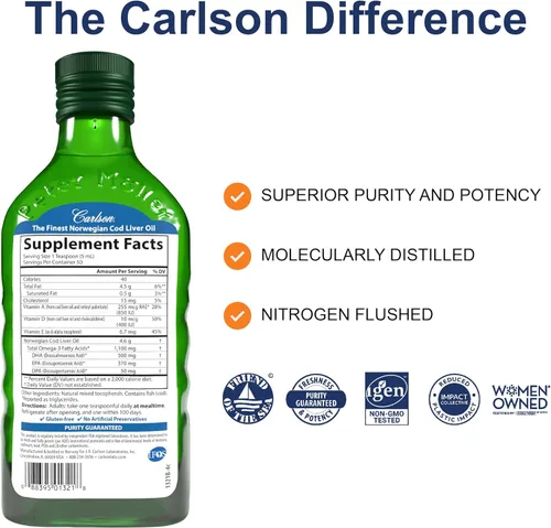 Miniatura 2 de Carlson - Aceite de hígado de bacalao 1100 mg Omega-3 más vitaminas A y D3 - Suplemento de omega 3 EPA DHA de captura silvestre - Aceite de pescado
