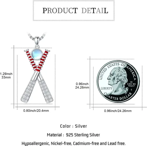 Miniatura 4 de Collar de Béisbol/Golf/Hockey/Tenis Plata de Ley 925 Piedra Lunar Pelota Colgante Deportivo Joyería Regalos de Graduación para Mujeres Novia Mamá