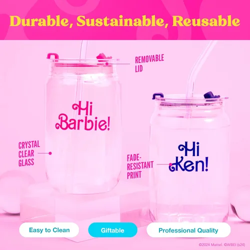Miniatura 5 de Dragon Glassware x Barbie La Película - 16 oz Tazas de vidrio con tapas y popotes, Juego de 2 - Tazas de café helado con tapas - Vaso de vidrio