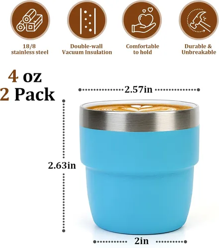 Miniatura 4 de Zenbo Tazas de Espresso/Café de 4 oz, Acero Inoxidable 18/8 con Revestimiento de Cerámica y Aislamiento al Vacío de Doble Pared, Apilables y Aptas