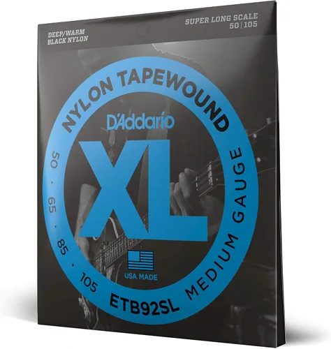Miniatura 4 de D'Addario Cuerdas para Bajo, Enrolladas en Cinta Negra de Nylon, ETB92M, Escala Media, Calibre Medio 50-105, Juego de 4 Cuerdas, Paquete de 1