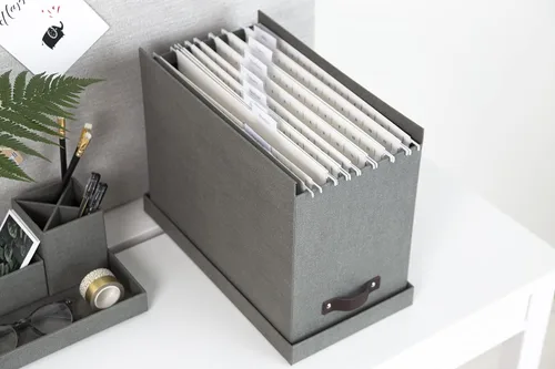 Miniatura 7 de Bigso Box of Sweden Organizador de archivos con elegante asa de cuero, caja organizadora de aspecto escandinavo que incluye 8 archivos colgantes