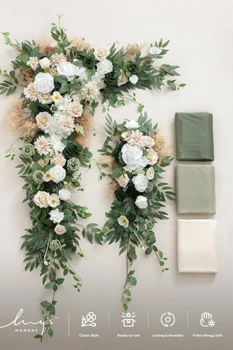 Miniatura 7 de Ling's moment Kit de flores de arco de boda con cortinas transparentes, arreglos florales artificiales de primavera de rosas verdes para telón