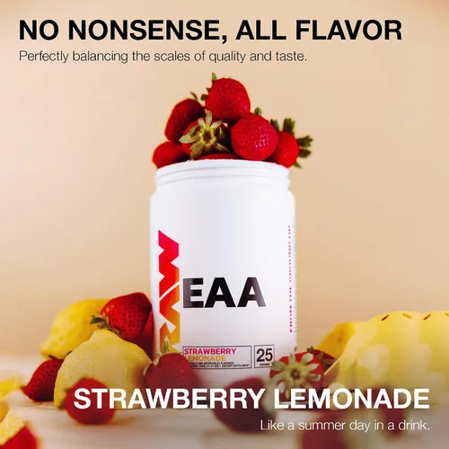 Miniatura 4 de RAW EAA Aminoácidos en polvo, limonada de fresa (25 porciones) – Aminoenergía en polvo preentrenamiento para fuerza, resistencia, recuperación