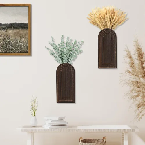 Miniatura 2 de Dnnnii Juego de 2 jarrones de pared de madera, acabado marrón oscuro, decoración de pared moderna de granja y bohemio para entrada, pasillo, baño
