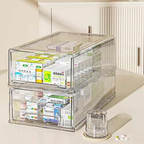 Paquete de 2 cajas transparentes de primeros auxilios para baño, gabinete, armario, organizador de medicamentos, caja de almacenamiento de