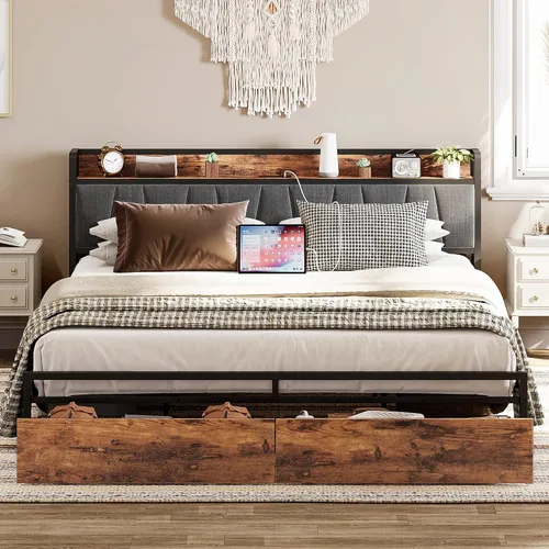 Miniatura 11 de LIKIMIO Base de cama tamaño King, cabecera de almacenamiento con estación de carga, cama de plataforma con cajones, no necesita somier, fácil Marrón