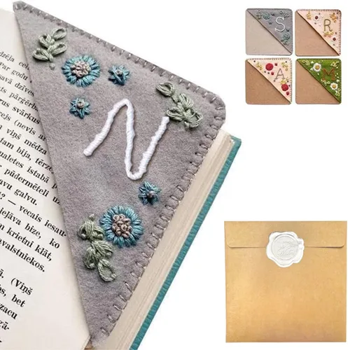 Miniatura 92 de Marcapáginas de esquina bordado a mano personalizado, 26 letras con costura a mano de fieltro, marcapáginas de esquina con bordado de flores lindo