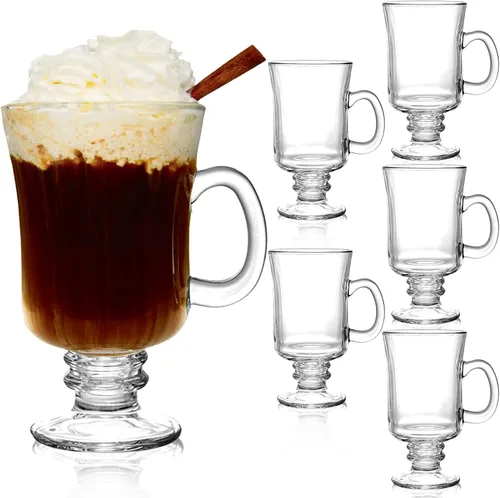 Dicunoy Paquete de 6 tazas de café irlandés, tazas de café transparente de 8 onzas, taza de café de cristal con pedestal con asa para capuchino,