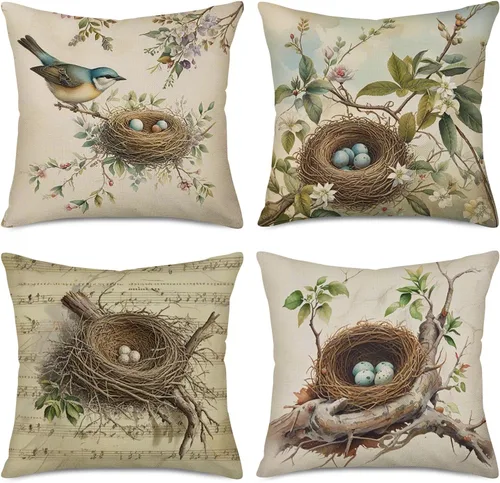 Fundas de almohada vintage de algodón y lino de 18 x 18 pulgadas, cuadradas, decorativas, funda de cojín (juego de nido de pájaro)