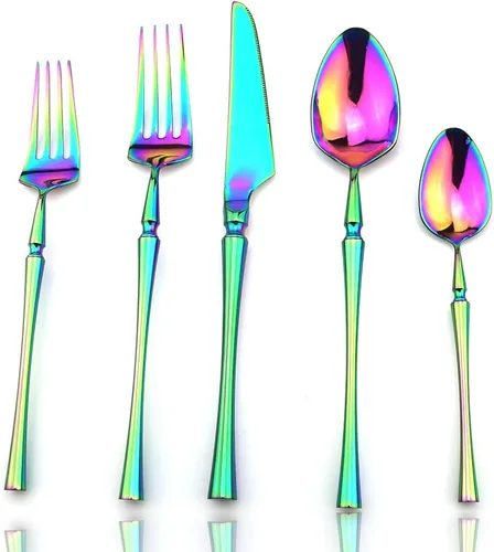 Miniatura 11 de JASHII Juego de cubiertos de titanio de lujo de 6 piezas de acero inoxidable 18/10 pulido de espejo de arco iris cubiertos incluye tenedor cuchillo
