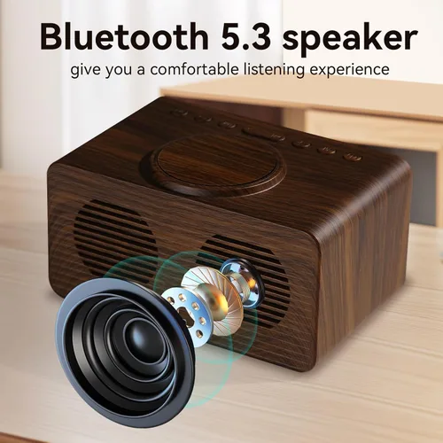 Miniatura 4 de Reloj despertador de madera con altavoz Bluetooth con carga inalámbrica, atenuador de brillo ajustable 0-100%, 2 alarmas, repetición de 9 minutos
