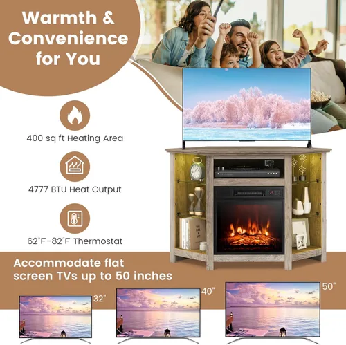 Miniatura 5 de Tangkula - Soporte de TV de esquina con chimenea y luces LED y control inteligente por APP para TV de 50 pulgadas, centro de entretenimiento con Gris