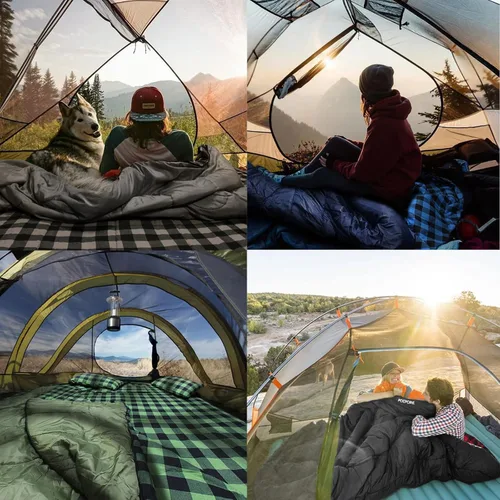 Miniatura 8 de Saco de dormir doble de franela para adultos con 2 almohadas, sacos de dormir para 2 personas, camping, XXL, tamaño Queen, saco de dormir para dos