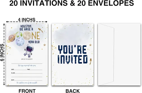 Miniatura 2 de Invitaciones de cumpleaños con sobres (paquete de 20), espacio exterior de 4 x 6 pulgadas, 1ª invitación de fiesta de doble cara, invitaciones