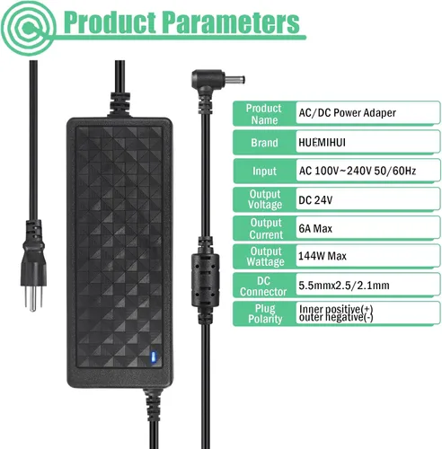 Miniatura 5 de Adaptador de fuente de alimentación de 24V 6A, adaptador de corriente CA 100-240V a CC 24 voltios 6 amperios 144W con conector de salida de 5,5 mm x