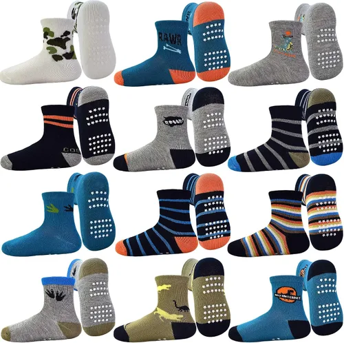 Miniatura 8 de Tphon - Calcetines antideslizantes para bebés y niños pequeños, 12 pares con agarre, calcetines de tripa para niños de 0 a 7 años, niños y niñas