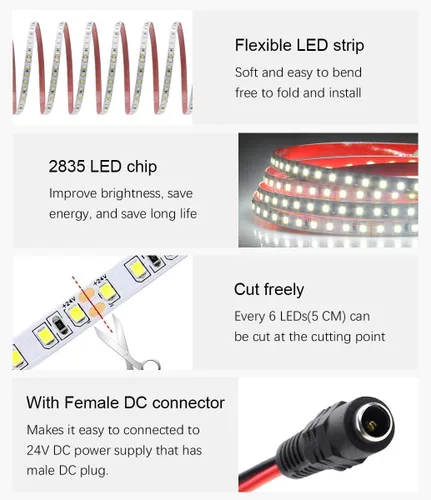 Miniatura 4 de ALITOVE Tiras de Luces LED Blancas Luz de Día 6000K 32.8ft 1200LEDs 2835SMD 24V 120W 21600LM Ultra-brillantes Luces LED Flexibles en Cuerda