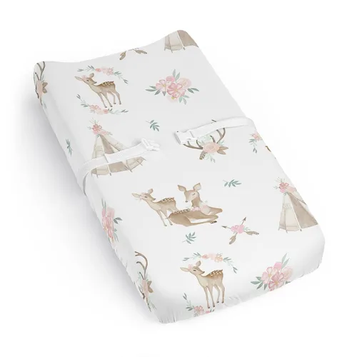 Sweet Jojo Designs Funda para cambiador de bebé (flores de ciervos del bosque) para niñas, fundas para cambiar pañales para bebés/recién nacidos