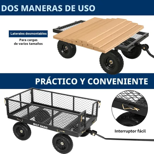 Miniatura 3 de BILT HARD - Carretilla de jardín resistente con ruedas planas libres de 10" y lados extraíbles, con asa giratoria de 180°, 4 pies cúbicos, capacidad