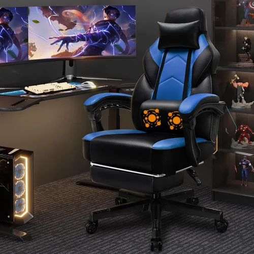 Silla de juego Shintenchi, silla para videojuegos con reposapiés y soporte lumbar de masaje, silla de juego ajustable en altura con asiento