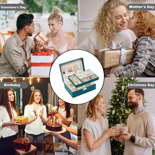 Miniatura 6 de SYCARON Joyero organizador para mujeres y niñas, estuche organizador de joyas de 2 capas, caja de almacenamiento de joyería de piel sintética