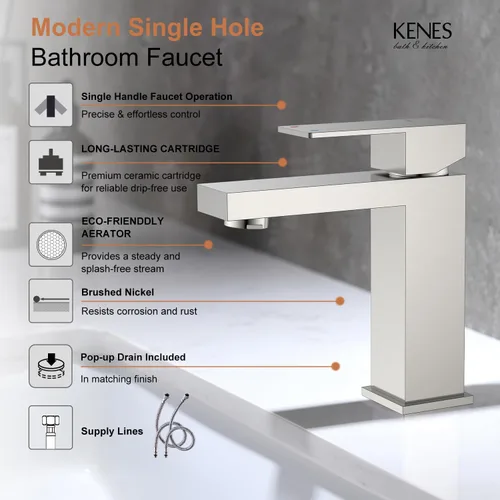 Miniatura 3 de KENES Grifo de lavabo de baño de una sola manija, grifo de tocador de níquel cepillado para fregadero de baño, con tapón de drenaje desplegable