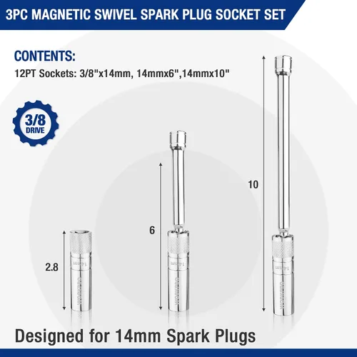 Miniatura 2 de WORKPRO 3 piezas 14 mm llave de bujía, llave magnética giratoria de pared delgada con extensiones de 6 y 10 pulgadas, accionamiento de 3/8 pulgadas